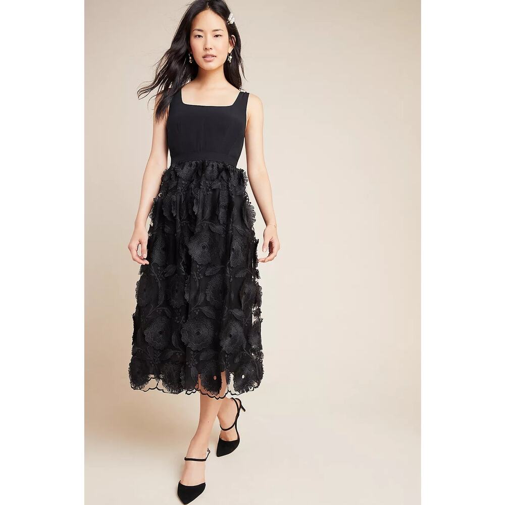 Anthropologie, Floriana Romantic Embroidered Lace Midi Dress, Black, Size 0 - Picture 1 of 14